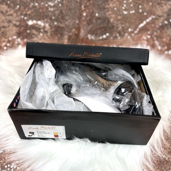 Black Suede Open Toe Heels with Gold Buckle on Ankle Strap - Picture 4 of 4